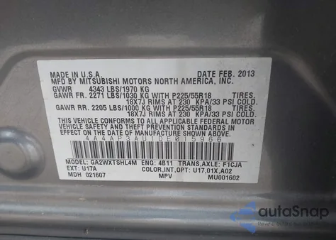 2013 Mitsubishi Outlander Sport Es z USA, uszkodzony, nr VIN 4A4AP3AU1DE015966